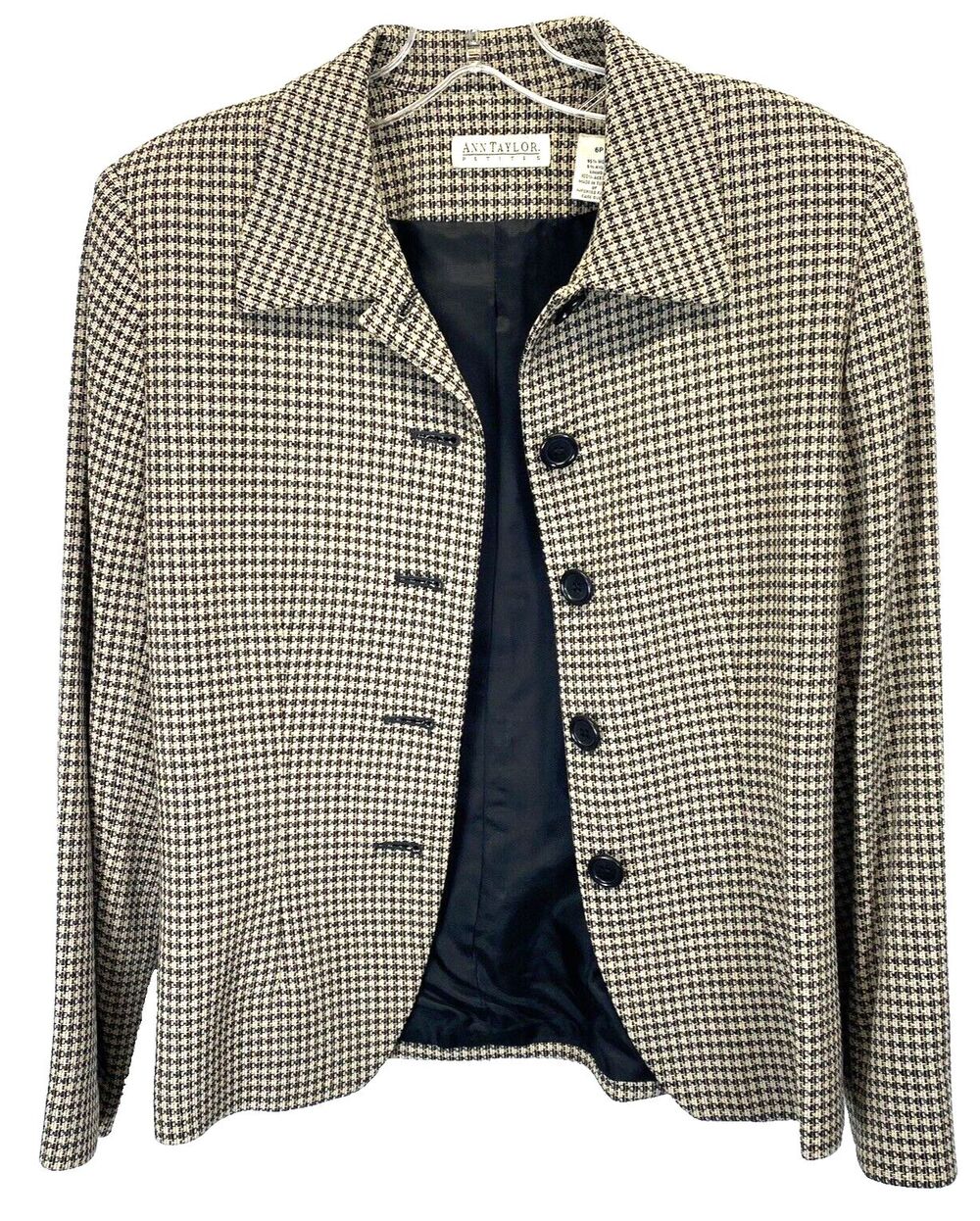 ANN TAYLOR PETITES WOMEN SZ 6P BLAZER JACKET WOOL BLEND GREEN/BEIGE HOUNDSTOOTH